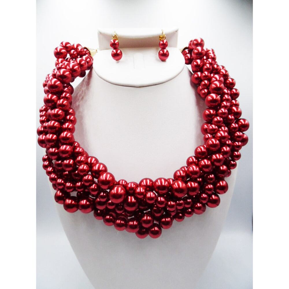 Clip on gold chain shiny red braided necklace set